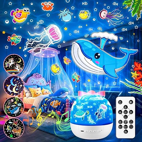 Rechargeable Sensory Light Projector for Babies with 15 Film Covers and 144 Color Modes, Cordless Night Light Projector for Newborn Visual Stimulation and Soothing Sleep