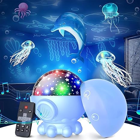 Blue Octopus Night Light Projector for Kids – 17-Mode Ocean & Star Projector with 360° Rotation, 3 Projection Films, 9 Soothing Lullabies, Remote Control & Timer – Perfect Birthday or Holiday Gift