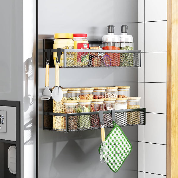 2-Pack Magnetic Spice Rack for Refrigerator with Hooks – Kitchen Storage Organizer