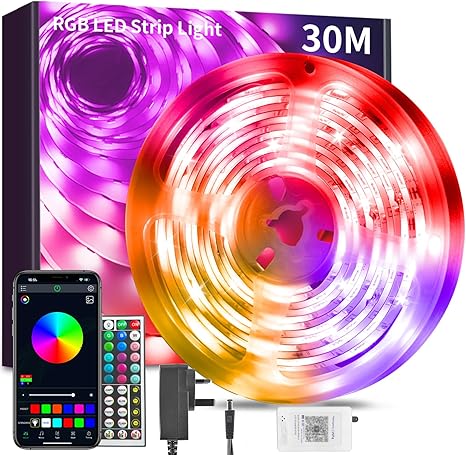 Music-Sync RGB LED Strip Lights with Bluetooth App Control and Remote for Bedroom and Home Decor
