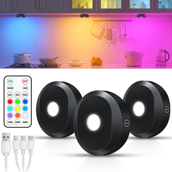 Rechargeable RGB Puck Lights, Dimmable LED Cabinet Lighting 3-Pack