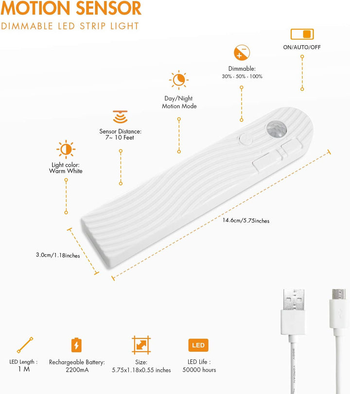 Motion Sensor LED Strip Light 1M Rechargeable Dimmable Warm White – Pakodio