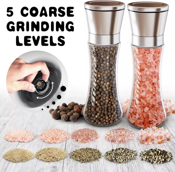 2-Pack Salt and Pepper Mill Set – Premium Stainless Steel Adjustable Shakers for Coarse & Fine Grinding