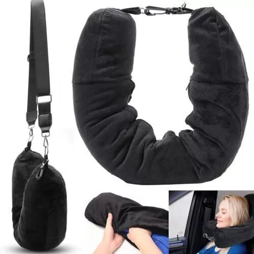 Stuffable Travel Velvet Neck Pillow Storage Bag Adjustable U-Shapes Pillow