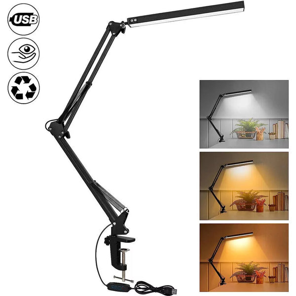 LED Clamp Lamp Clip On Light Desk Swing Arm Dimmable Work bench Light Study Lamp