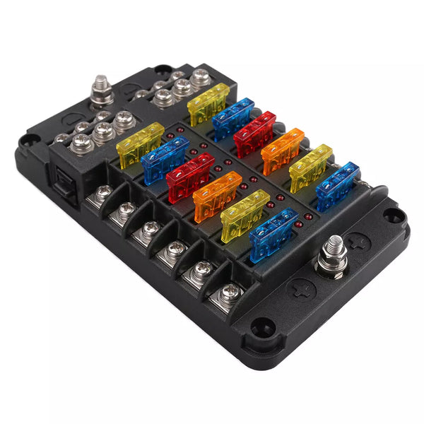 12-Way Blade Fuse Box Distribution Bar – Waterproof 12V/32V Bus Marine Car Kit Holder