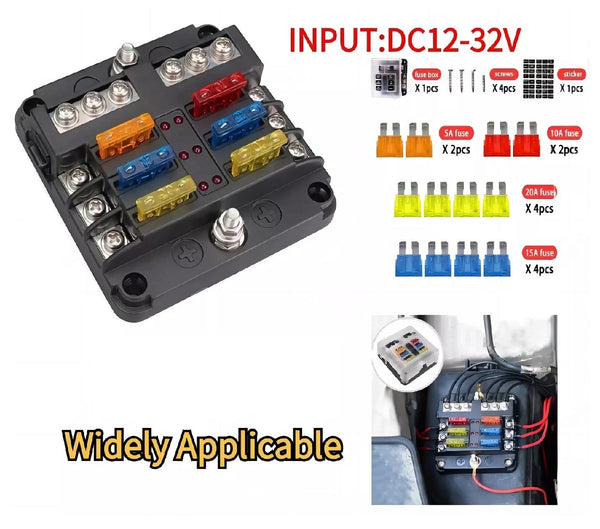 6-Way Blade Fuse Box with Bus Bar – 12V/32V Auto & Marine Fuse Holder Kit